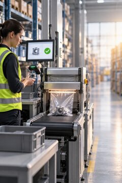 Warehouse worker checking a parts packaging station