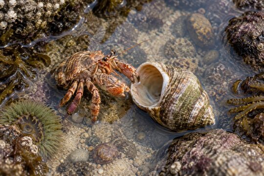 Hermit crab beside an empty shell in a shallow tide pool