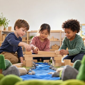 Children building a wooden block bridge over a pretend river