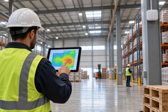 Technician checking a wireless coverage map in a warehouse