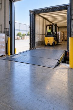 Forklift inside a trailer connected to a loading ramp