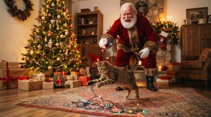 Fototapeta premium Santa Claus playing with a cat near a Christmas tree, with gifts and festive decorations around the room.