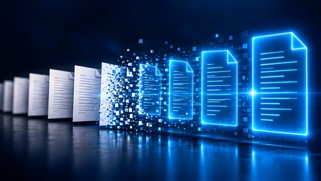 Digital transformation process converting physical paper documents into glowing electronic data particles