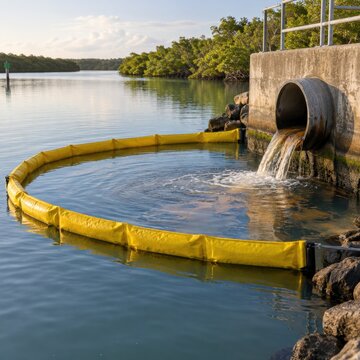 Yellow containment boom around a water outfall