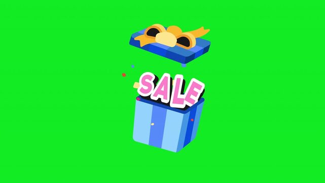 Animated sale gift box sticker with a striped blue box popping open and launching a SALE sign with confetti for giveaway and holiday promo campaigns