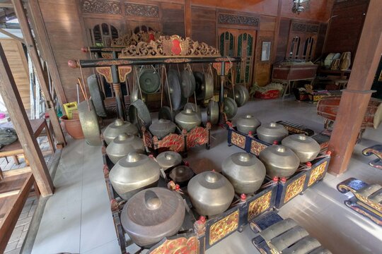 Traditional Javanese Gamelan Musical Instruments Inside Joglo House