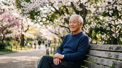 Fototapeta premium Elderly Asian Man Sitting on Park Bench Under Cherry Blossoms.