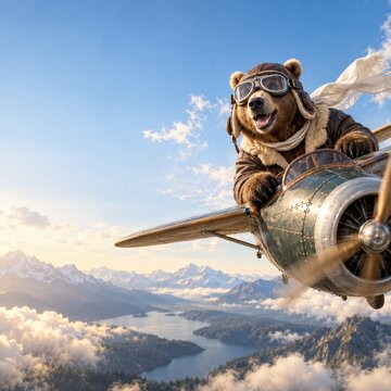 Playful bear pilot flying a vintage airplane over mountains