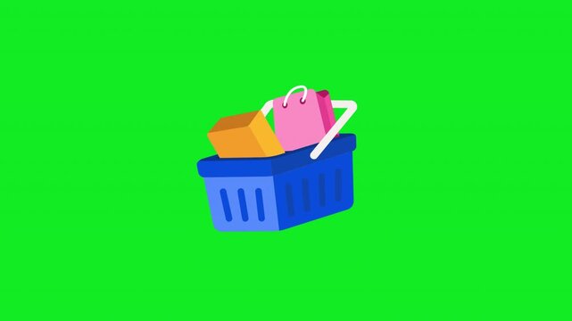 Animated shopping basket sticker with a blue basket holding a parcel and a pink shopping bag for grocery retail apps and online store promo banners