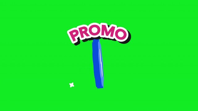 Animated promo discount sticker with a PROMO headline and a blue percent seal badge flipping open with sparkles for sale labels and product tags