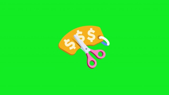 Animated discount coupon sticker with pink scissors cutting a golden dollar voucher for promo code cashback and price drop marketing campaigns