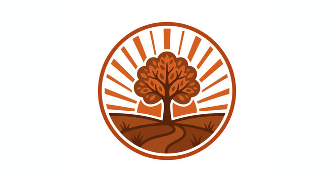 Landscape tree emblem with sun and path.