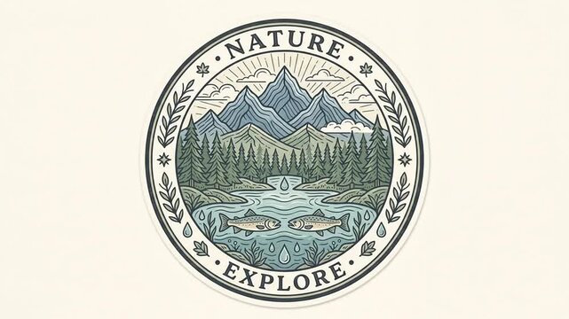 Circular Nature Badge Featuring Mountains Forest And Swimming Fish