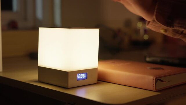 Hand Turning On Touch Bedside Lamp with Digital Clock