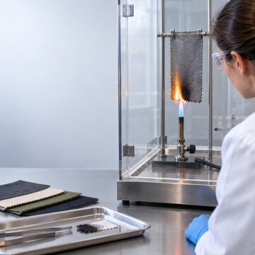 Scientist conducting a flame test on a textile sample