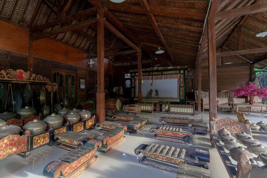 Traditional Javanese Gamelan Musical Instruments Inside Joglo House