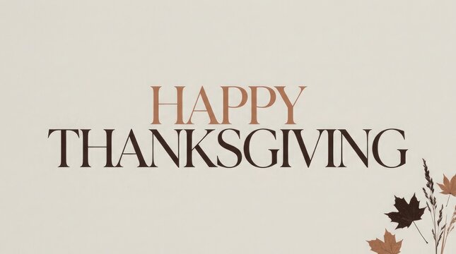 Minimalist happy thanksgiving text on elegant light cream background adorned with subtle autumn leaves in corner.