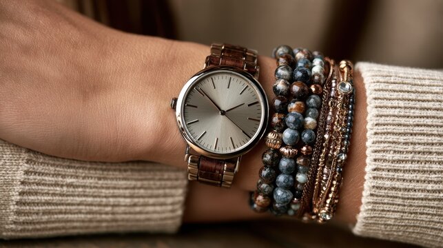 Close up of wrist watch with leather strap and multiple beaded bracelets on wrist with cozy knitted sweater sleeve detail natural light
