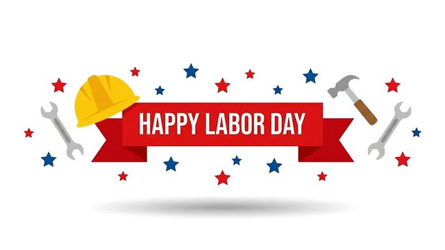 Happy Labor Day celebration banner with construction tools and stars