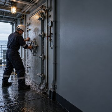 Ship worker operating a heavy watertight door