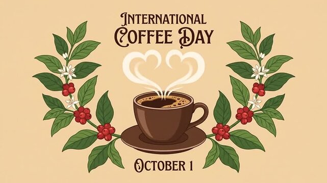 International Coffee Day celebration graphic with steaming cup and plant branches