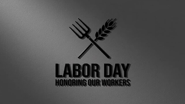 Labor Day greeting card animation with crossed pitchfork and wheat on wall