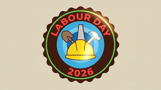Labour Day badge animation with yellow hard hat and metal shovel