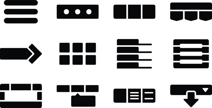 UI function icon set with hamburger menu tabs dropdown and interface navigation symbols