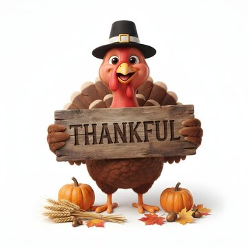 Happy cartoon turkey holding a thankful sign with pumpkins and autumn leaves