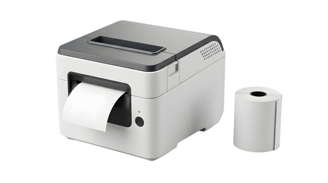 White and gray receipt printer with roll of paper for business receipts.