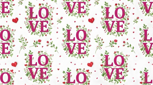 Seamless pattern of repeated love words with hearts and floral elements