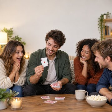 Man showing a playing card to friends at a table