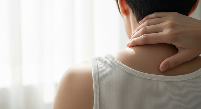 Close-up of a hand gently touching a neck, symbolizing care, relief, and comfort, ideal for health and wellness concepts.