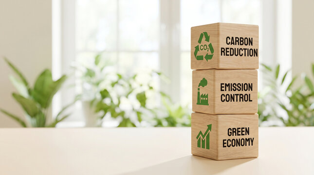 Corporate sustainability strategy wooden blocks showing carbon reduction emission control and green economy goals