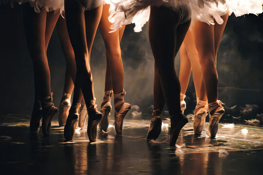 Dancers' legs in pointe shoes performing ballet on a dark stage, feathers falling around their feet, symbolizing elegance and art