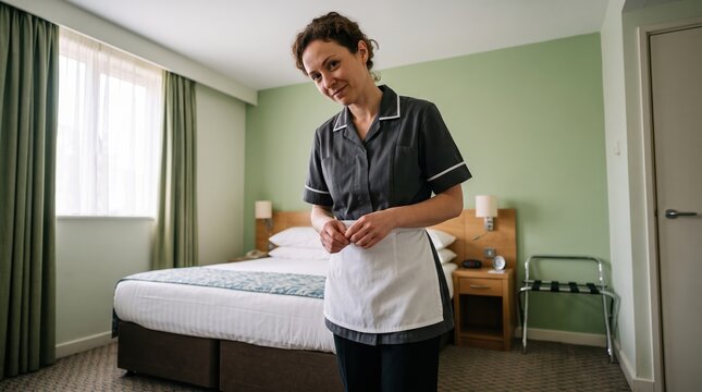 Professional hotel housekeeper making freshly prepared bed in clean guest room