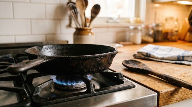 Warm kitchen stove with sizzling cast iron skillet and cooking utensils