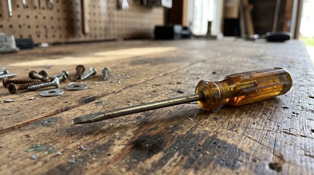 Rustic wooden table with vintage screwdriver and scattered hardware tools