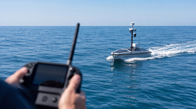 太陽電池を搭載した無人水上航走体（USV）を遠隔操作する手元、海洋安全保障の次世代技術 / Hand operating a solar-powered unmanned surface vehicle (USV) with a remote controller, next-generation maritime security technology