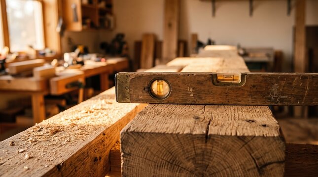 Rustic wooden workbench in vintage workshop with handcrafted tools
