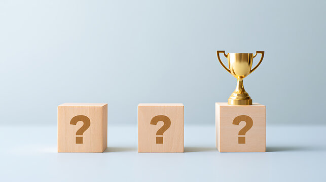 Gold trophy cup placed on wooden block with question mark symbol next to other blank blocks in minimal studio setting representing success goal
