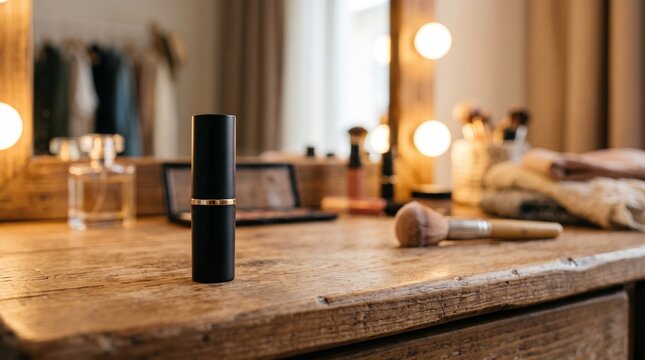 Beauty products on illuminated vanity table