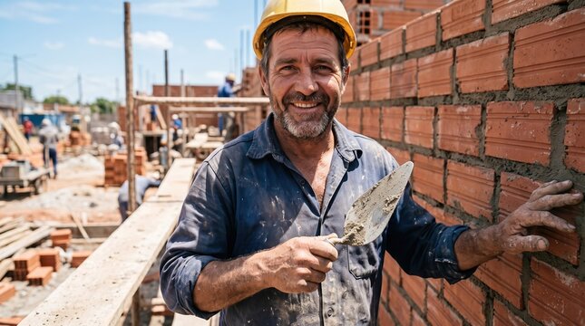 Smiling construction worker with trowel