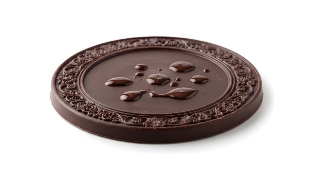Surreal round chocolate coaster with an ornate decorative border and glossy melted chocolate drops on its surface