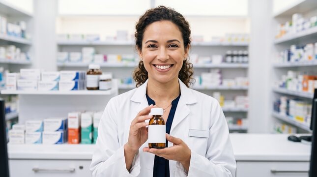 Smiling pharmacist holding medicine