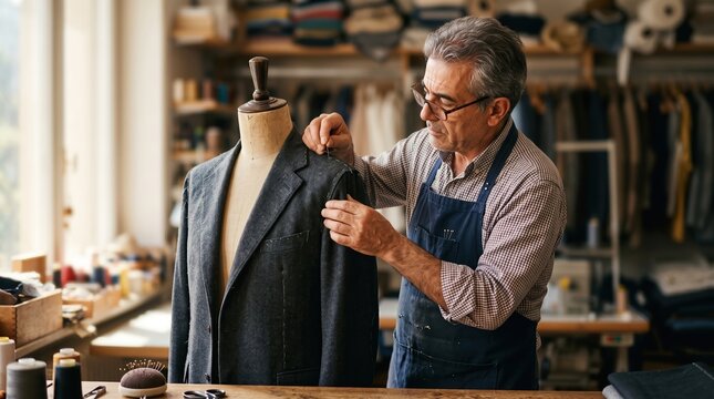 Focused tailor adjusting suit jacket on mannequin