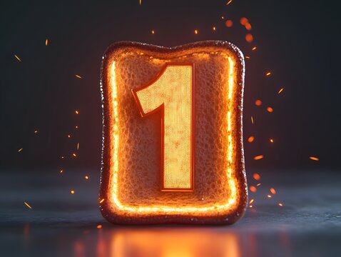 Glowing numeral one in textured rounded block with sparks