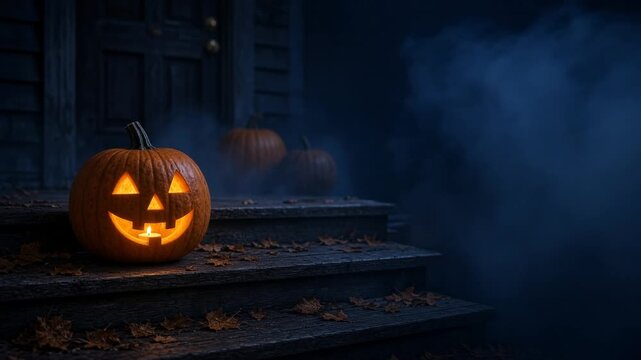 carved orange jack-o'-lantern with a candle glowing inside sits on dark weathered wooden porch steps at night. Two uncarved pumpkins stand near a wooden front door. Dry autumn leaves cover the stairs.