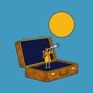 Traveler looking through telescope from inside open suitcase | Adventure concept