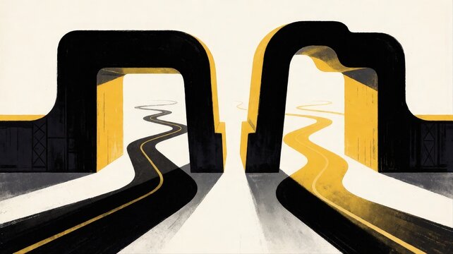 Abstract black and yellow road tunnels with curving paths and bridges